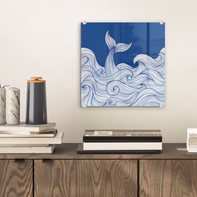 Walvis - Staart - Golven - Lijntekening - Blauw plexiglas 5mm klein -sfeer1