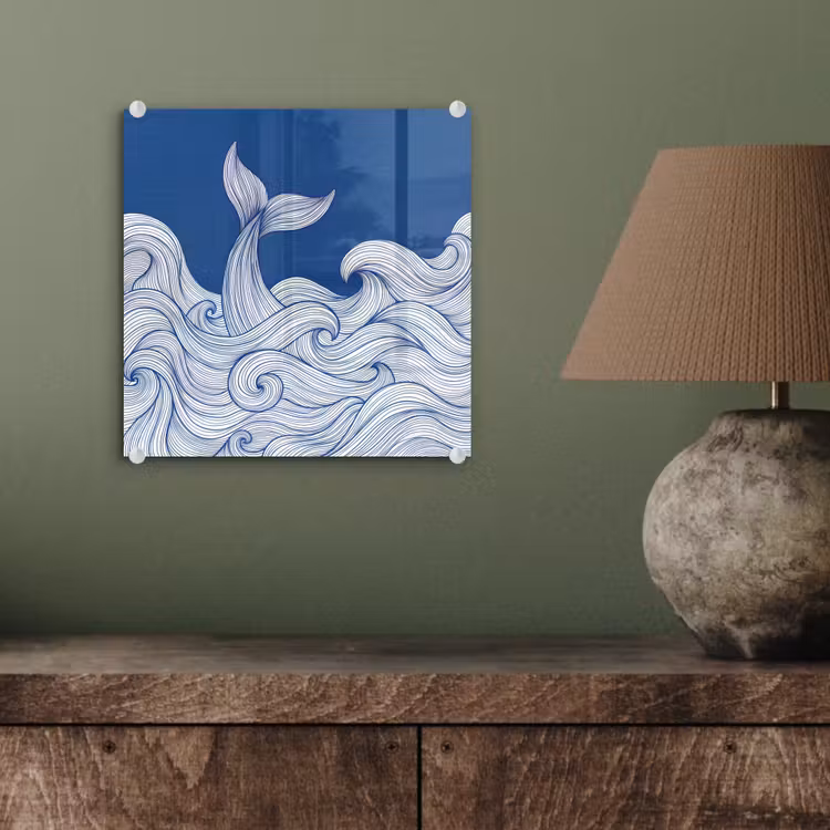 Walvis - Staart - Golven - Lijntekening - Blauw plexiglas 5mm klein -sfeer3