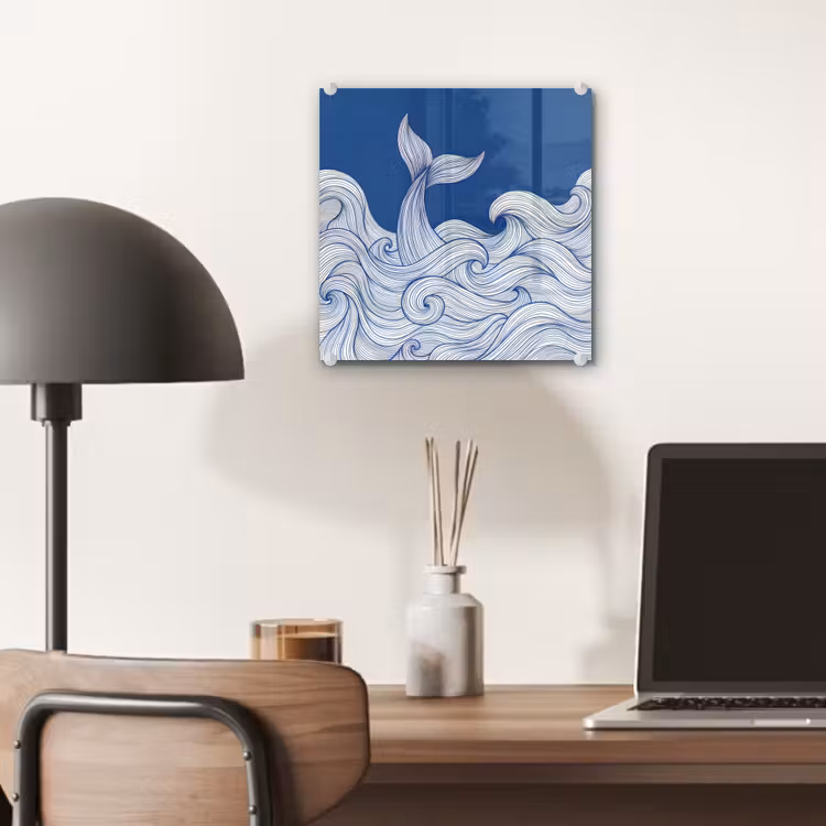 Walvis - Staart - Golven - Lijntekening - Blauw plexiglas 5mm klein -sfeer6