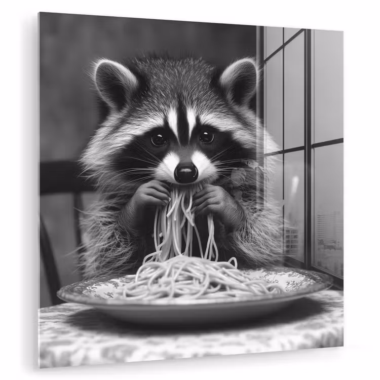 Wasbeer - Cute - Pasta - Tafelkleed - Zwart - Wit plexiglas 5mm klein -zzzproduct_nieuw