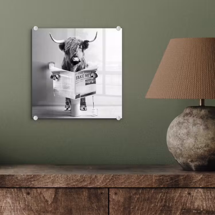 WC - Toilet - Krant - Schotse Hooglander - Zwart Wit plexiglas 5mm klein -sfeer3