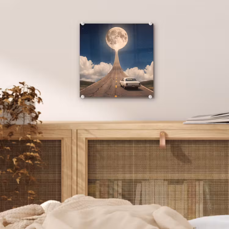 Glas schilderij - Weg - Maan - Nacht - Weg - Maan - Nacht plexiglas 5mm klein