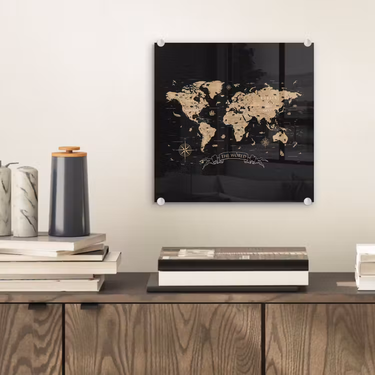 Wereldkaart - Beige - Zwart plexiglas 5mm klein -sfeer1