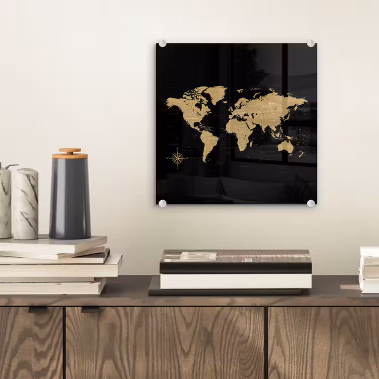 Wereldkaart - Beige - Zwart plexiglas 5mm klein -sfeer1