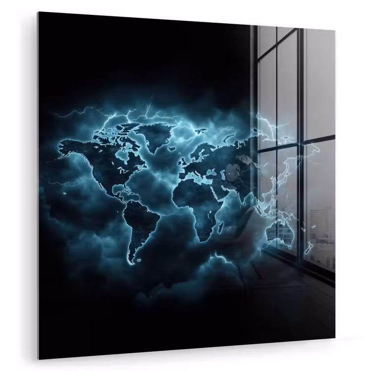 Wereldkaart - Bliksem - Blauw plexiglas 5mm klein -zzzproduct_nieuw