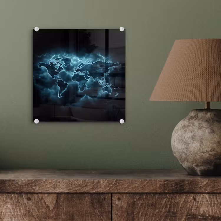 Wereldkaart - Bliksem - Blauw plexiglas 5mm klein -sfeer3