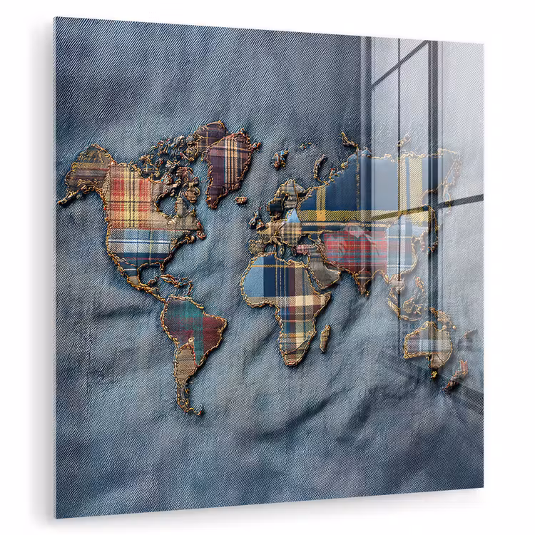 Wereldkaart - Denim - Textiel plexiglas 5mm klein -zzzproduct_nieuw