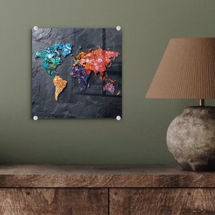 Wereldkaart - Edelstenen - Regenboog - Ruw plexiglas 5mm klein -sfeer3