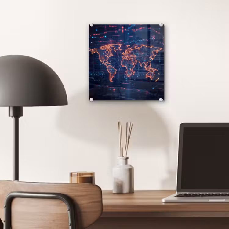 Wereldkaart - Futuristisch - Oranje plexiglas 5mm klein -sfeer6