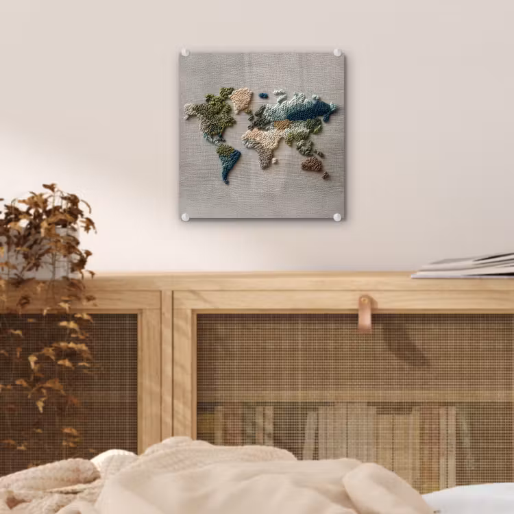 Wereldkaart - Geborduurd - Aardetinten plexiglas 5mm klein -sfeer4