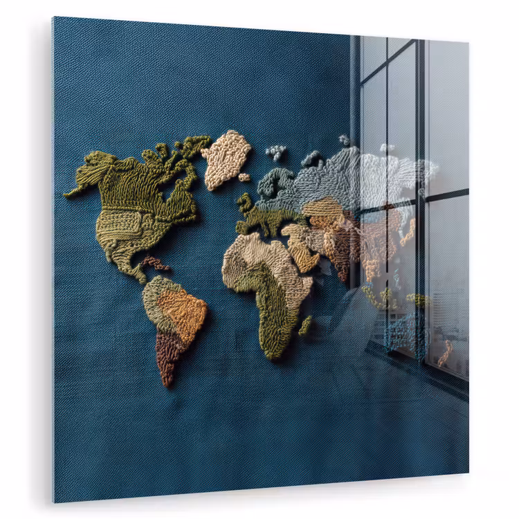 Wereldkaart - Geborduurd - Verschillende tinten plexiglas 5mm klein -zzzproduct_nieuw