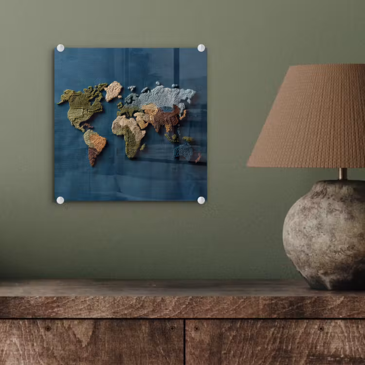 Wereldkaart - Geborduurd - Verschillende tinten plexiglas 5mm klein -sfeer3