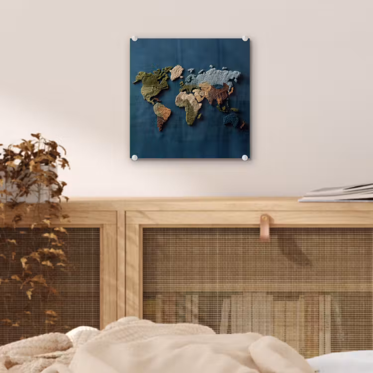 Wereldkaart - Geborduurd - Verschillende tinten plexiglas 5mm klein -sfeer4