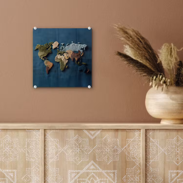 Wereldkaart - Geborduurd - Verschillende tinten plexiglas 5mm klein -sfeer5