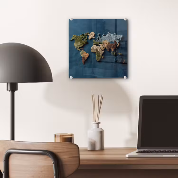 Wereldkaart - Geborduurd - Verschillende tinten plexiglas 5mm klein -sfeer6