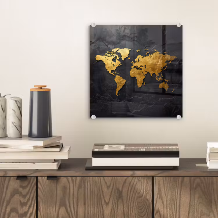 Wereldkaart - Goud - Steen plexiglas 5mm klein -sfeer1