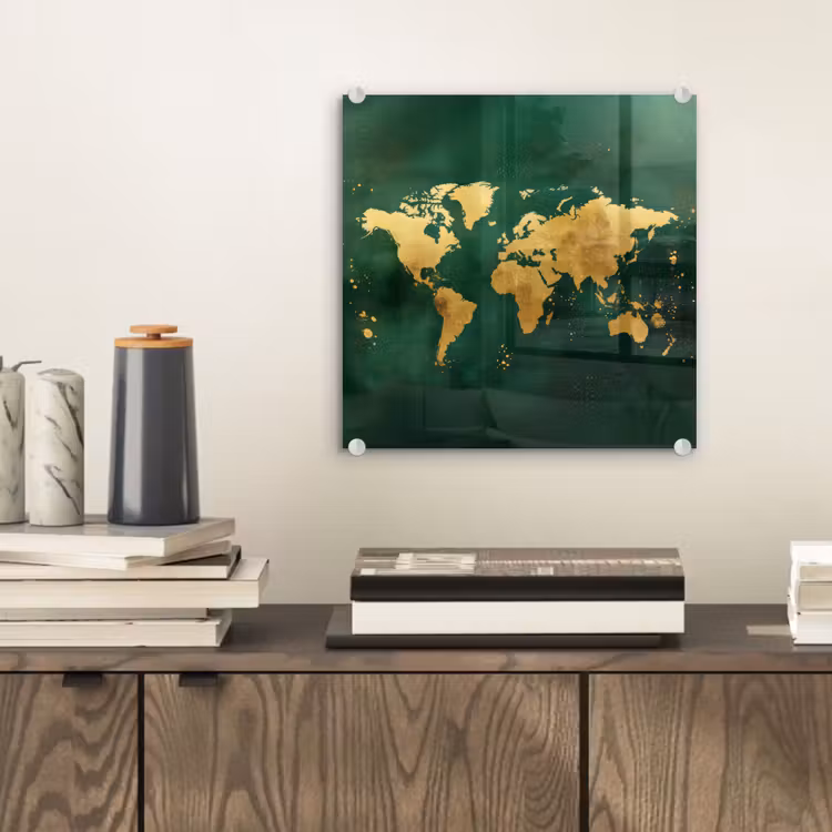 Wereldkaart - Groen - Goud plexiglas 5mm klein -sfeer1