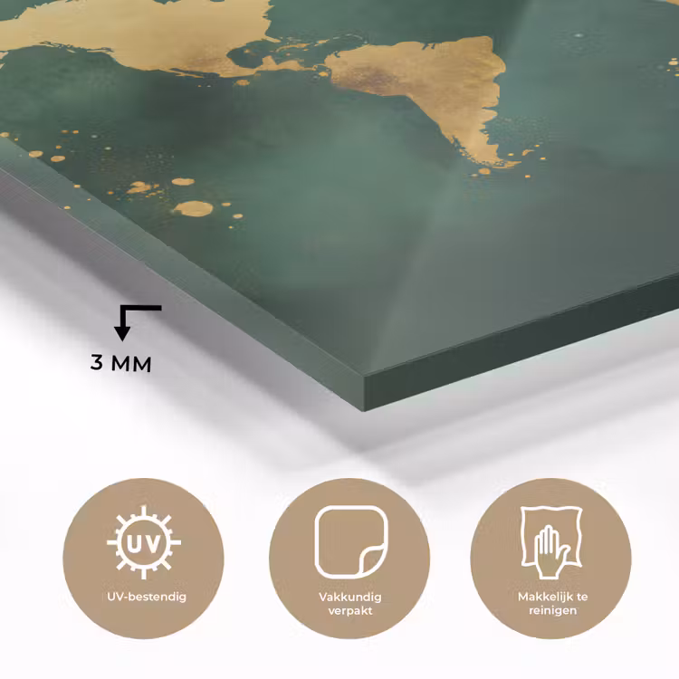 Wereldkaart - Groen - Goud plexiglas 5mm klein -sfeer2