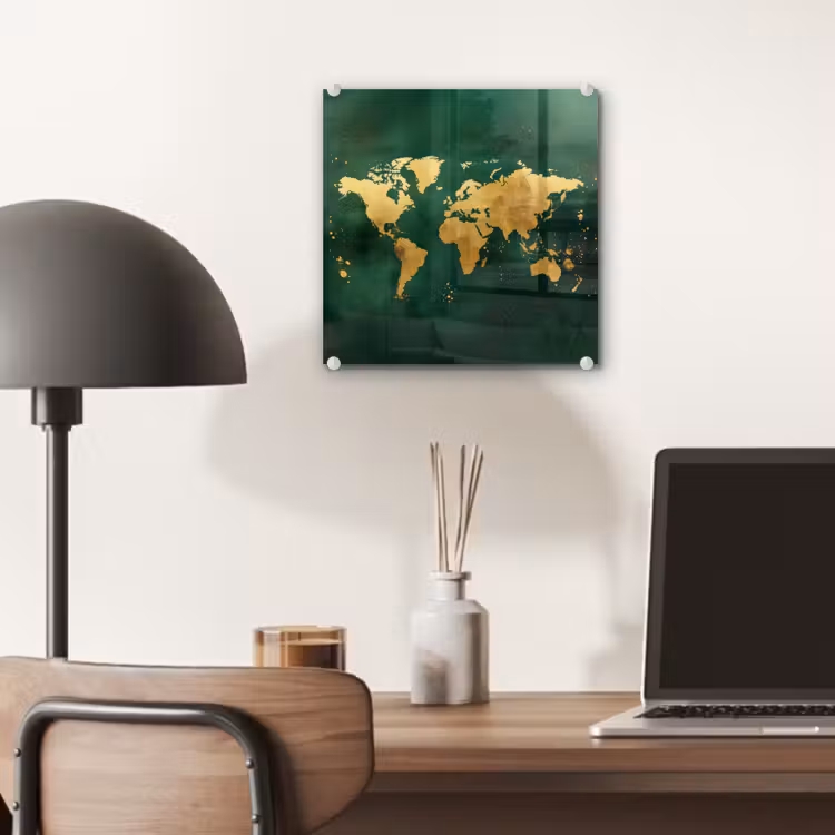 Wereldkaart - Groen - Goud plexiglas 5mm klein -sfeer6