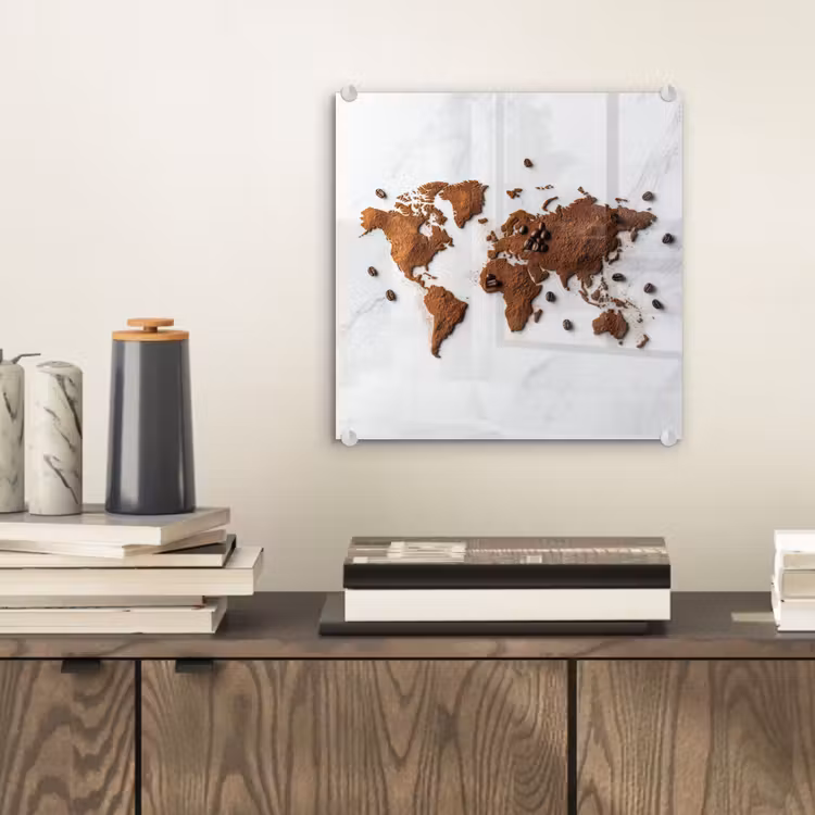 Wereldkaart - Koffie - Marmer plexiglas 5mm klein -sfeer1
