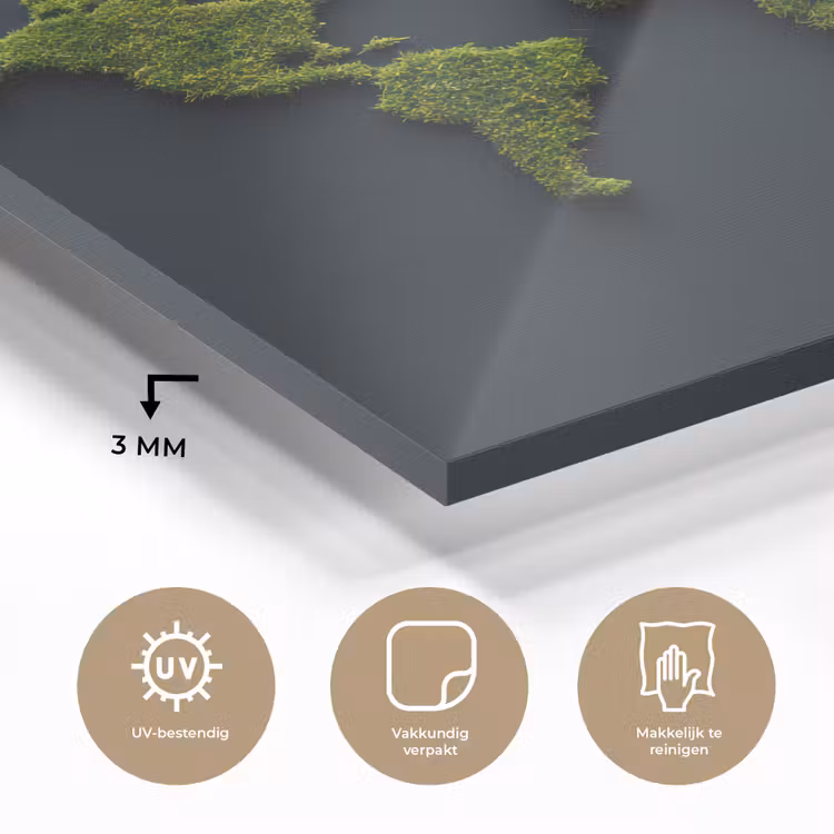 Wereldkaart - Mos -Levendig effect plexiglas 5mm klein -sfeer2