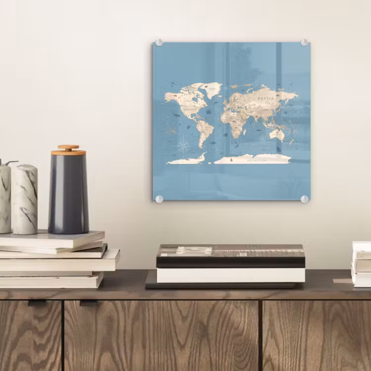 Wereldkaart - Oceaan - Realistisch - Blauw plexiglas 5mm klein -sfeer1