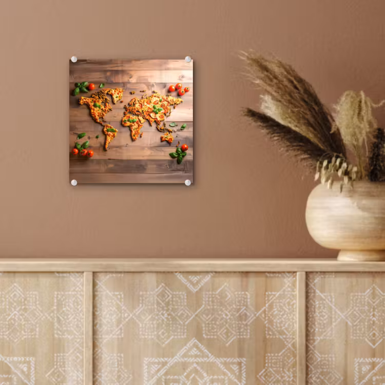 Wereldkaart - Pizza - Houten ondergrond plexiglas 5mm klein -sfeer5