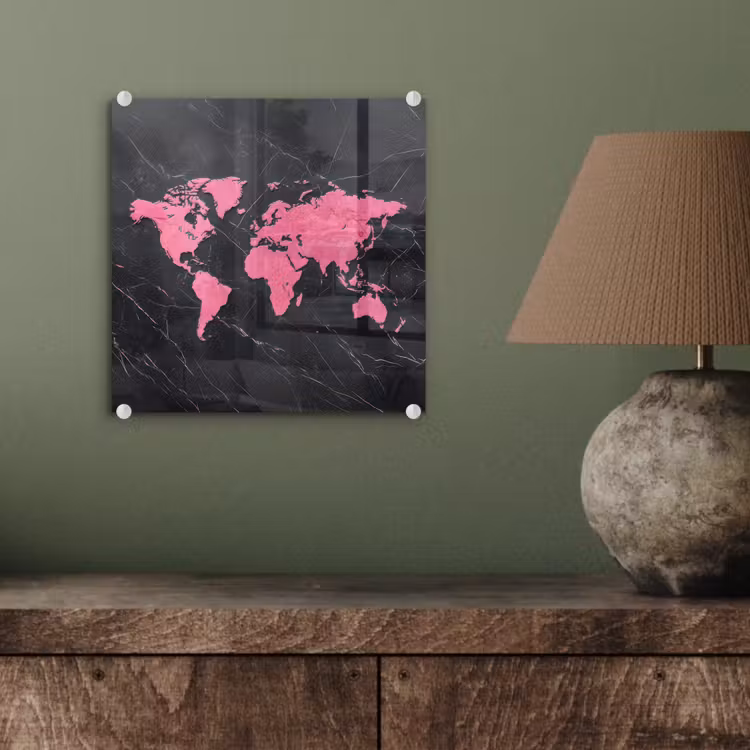 Wereldkaart - Roze - Marmer plexiglas 5mm klein -sfeer3