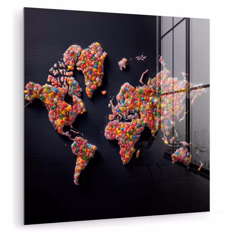 Wereldkaart - Snoepjes - Felle kleuren plexiglas 5mm klein -zzzproduct_nieuw