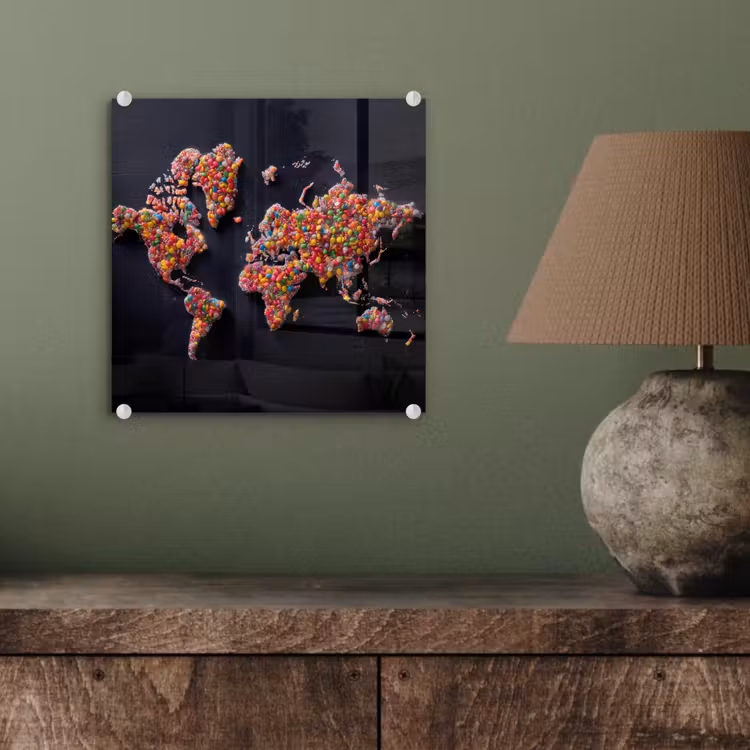 Wereldkaart - Snoepjes - Felle kleuren plexiglas 5mm klein -sfeer3