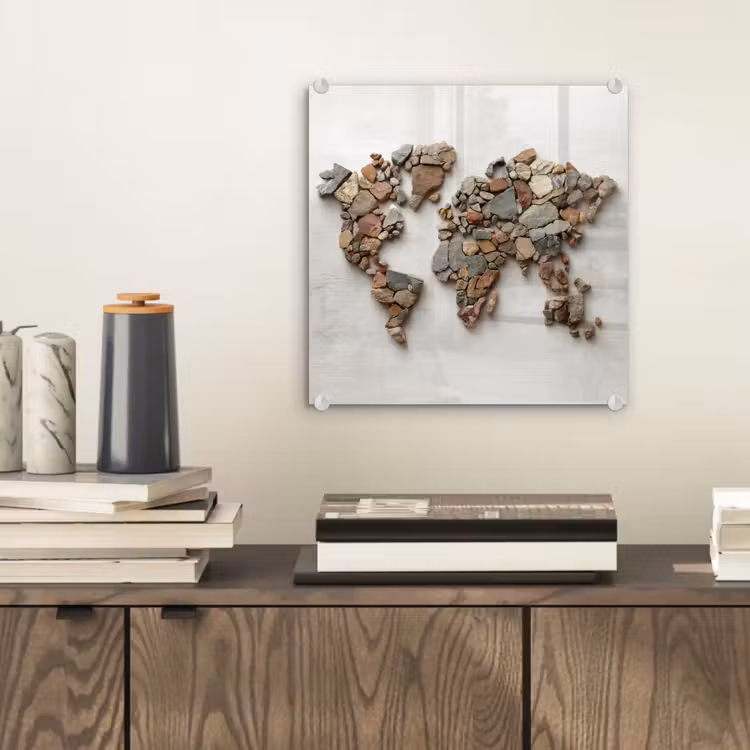 Wereldkaart - Stenen - Wit plexiglas 5mm klein -sfeer1