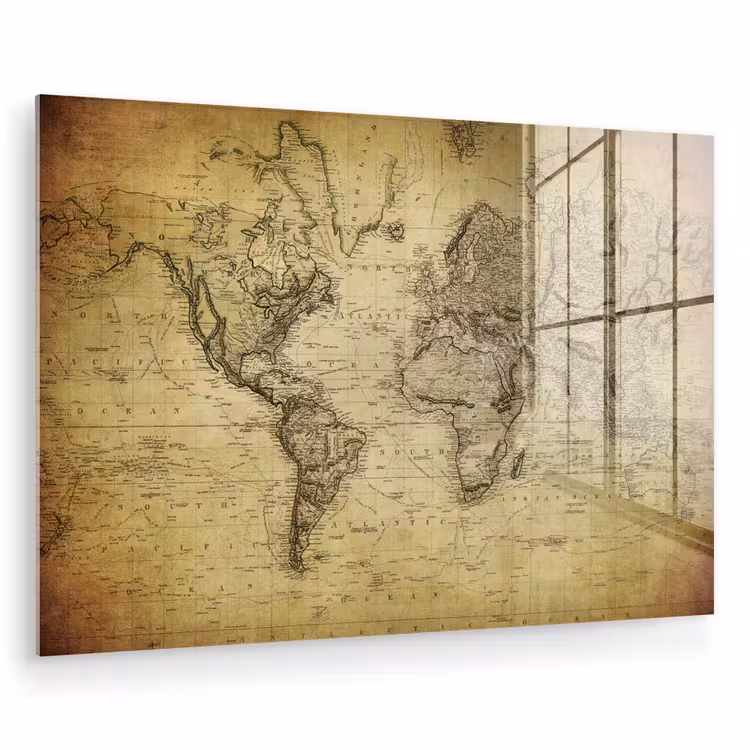 Wereldkaart - Vintage - Antiek - Bruin - Papier plexiglas 5mm klein -zzzproduct_nieuw