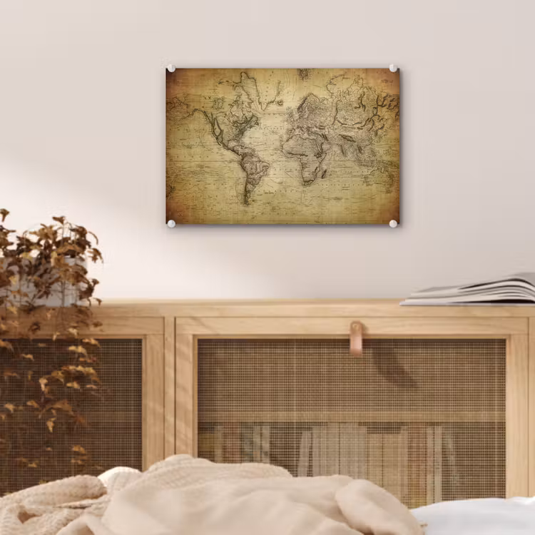 Wereldkaart - Vintage - Antiek - Bruin - Papier plexiglas 5mm klein -sfeer4