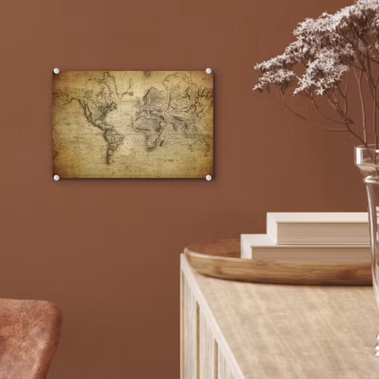 Wereldkaart - Vintage - Antiek - Bruin - Papier plexiglas 5mm klein -sfeer5