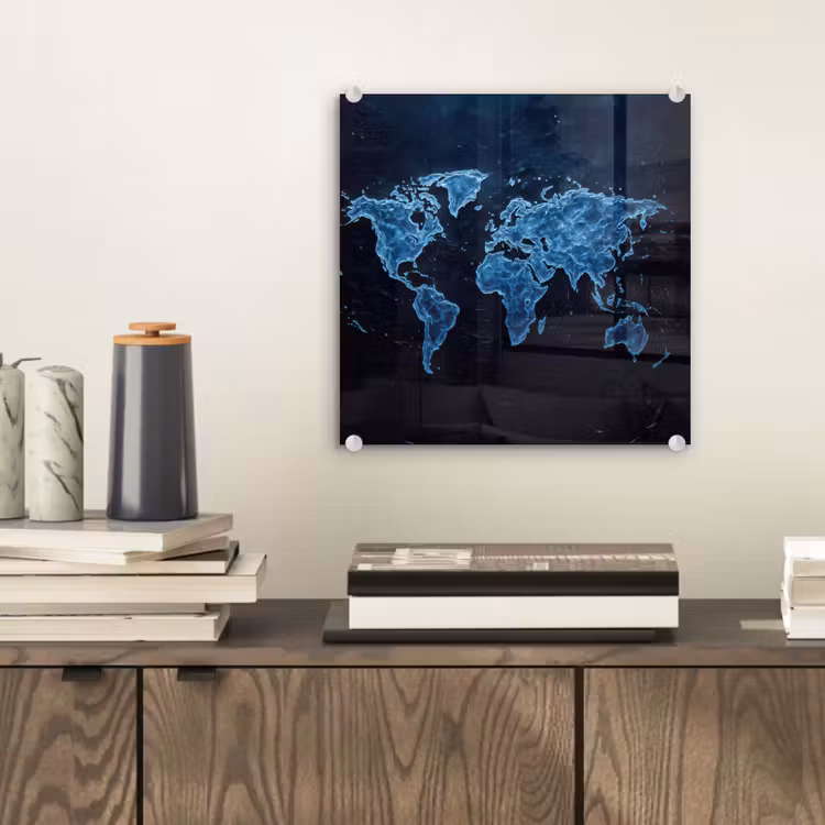 Wereldkaart - Waterstructuur - Blauw plexiglas 5mm klein -sfeer1