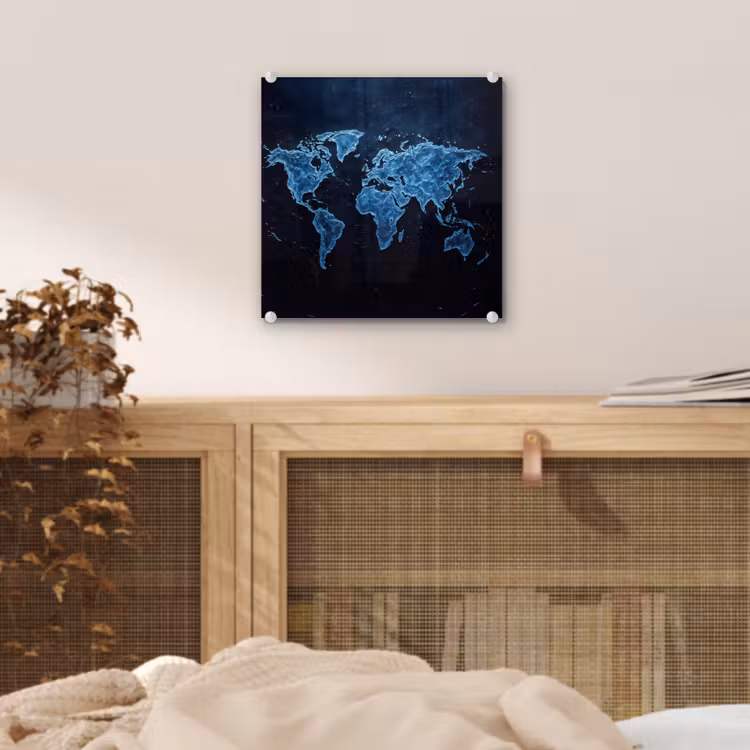 Wereldkaart - Waterstructuur - Blauw plexiglas 5mm klein -sfeer4