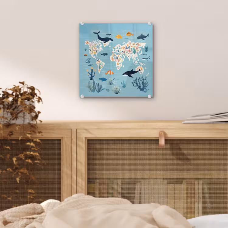 Wereldkaart - Zeeleven - Blauw plexiglas 5mm klein -sfeer4