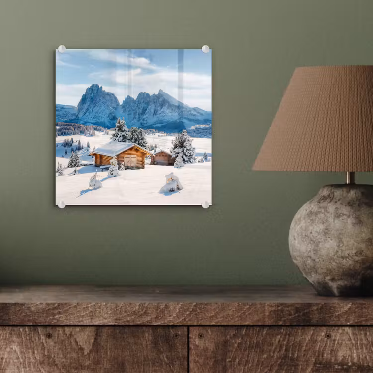 Winter - Huisje - Bergen - Uitzicht - Sneeuw plexiglas 5mm klein -sfeer3