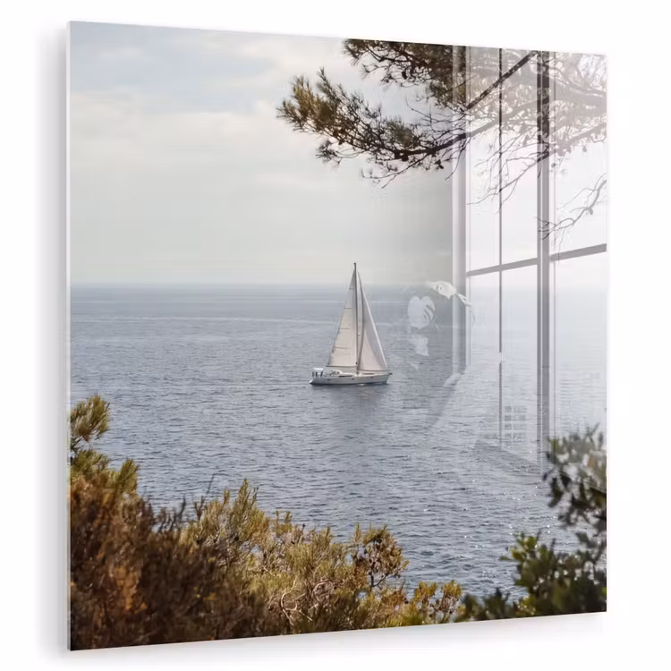 Glas schilderij - Zeilboot - bomen - water - Zeilboot - bomen - water plexiglas 5mm klein