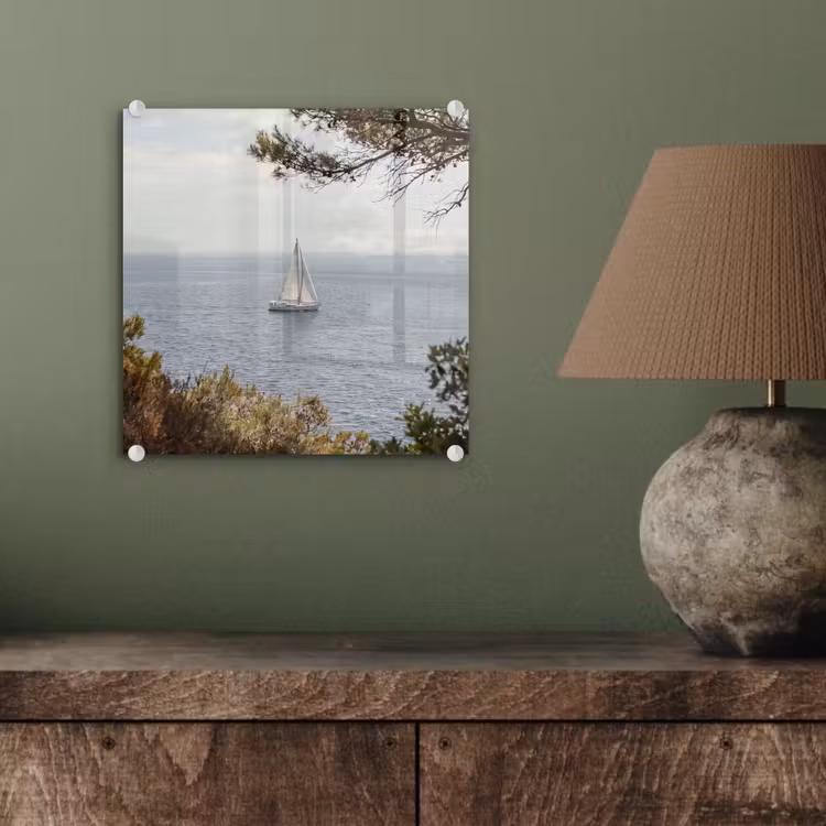 Glas schilderij - Zeilboot - bomen - water - Zeilboot - bomen - water plexiglas 5mm klein