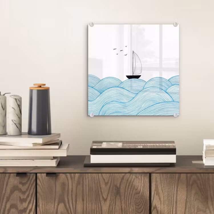 Zeilboot - Golven - Zee - Illustratie - Blauw plexiglas 5mm klein -sfeer1