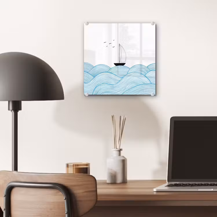 Zeilboot - Golven - Zee - Illustratie - Blauw plexiglas 5mm klein -sfeer6
