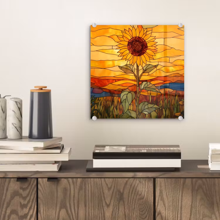 Zonnebloem - Mozaïek - Zonsondergang - Geel plexiglas 5mm klein -sfeer1