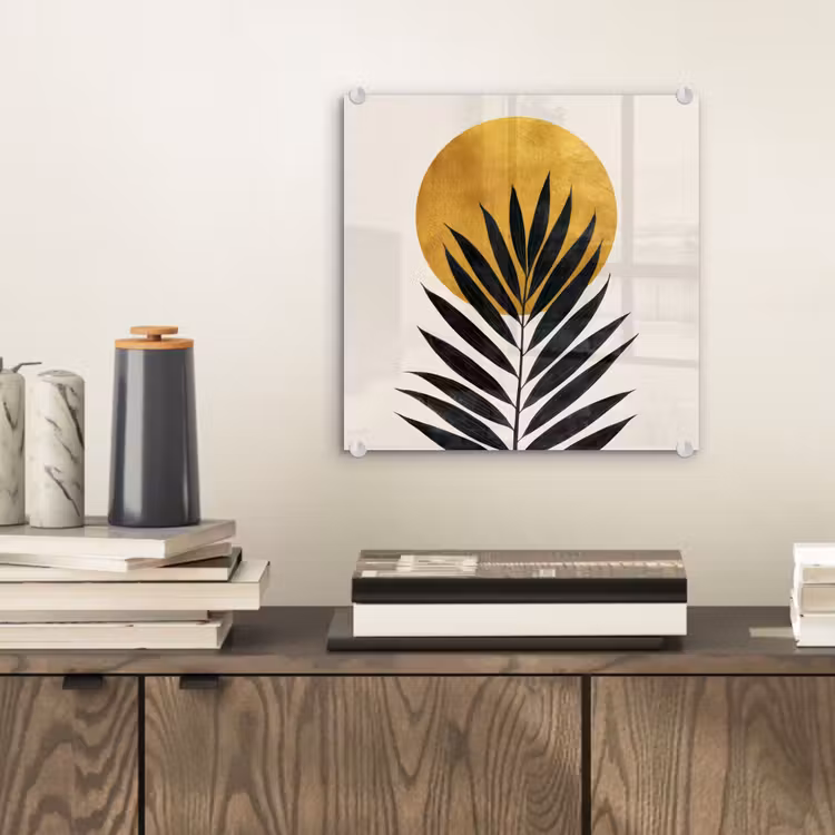 Zwart palmblad - Gouden cirkel - Beige achtergrond plexiglas 5mm klein -sfeer1