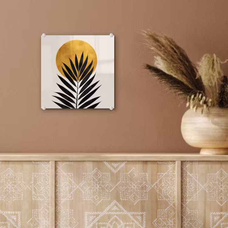 Zwart palmblad - Gouden cirkel - Beige achtergrond plexiglas 5mm klein -sfeer5