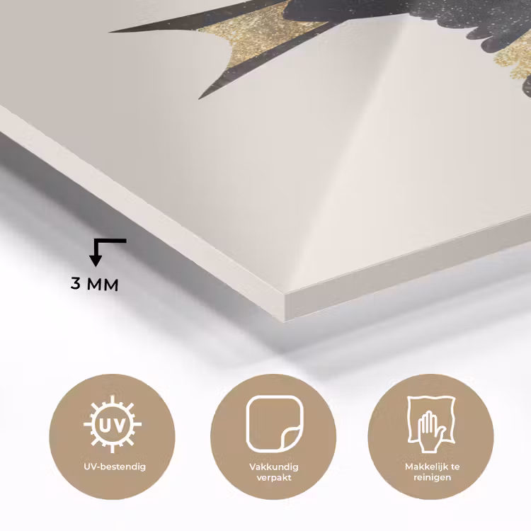 Zwarte zwaluw - Gouden accenten - Lichte achtergrond plexiglas 5mm klein -sfeer2