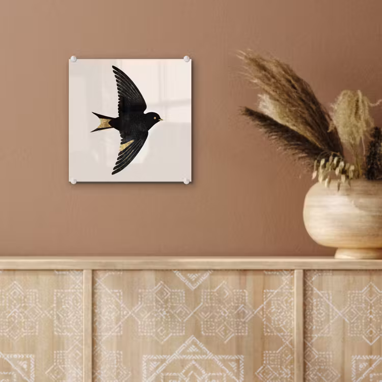 Zwarte zwaluw - Gouden accenten - Lichte achtergrond plexiglas 5mm klein -sfeer5