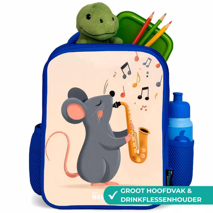 Muis - Saxofoon - Muziek Kinderrugzak - Blauw middel -inhoud_NL