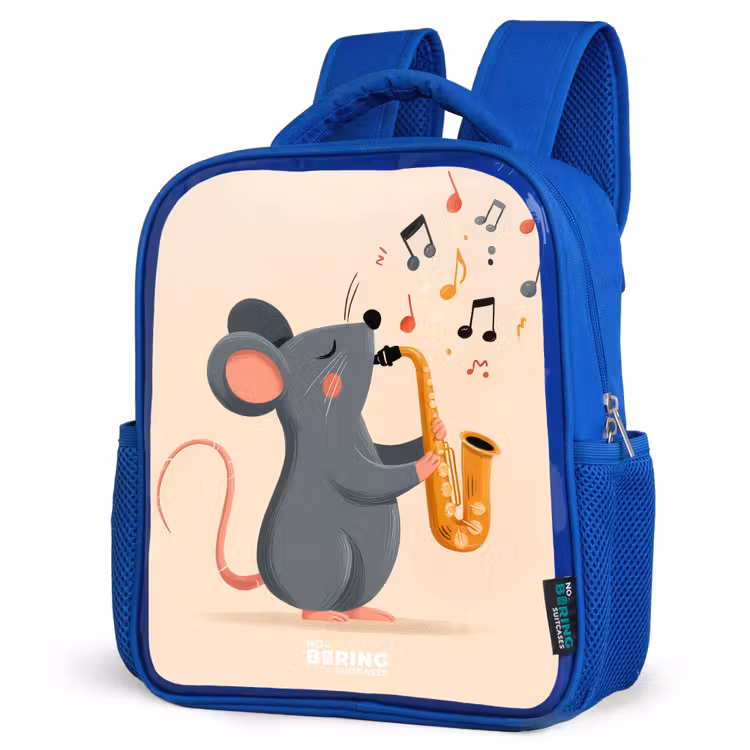 Muis - Saxofoon - Muziek Kinderrugzak - Blauw middel -schuin