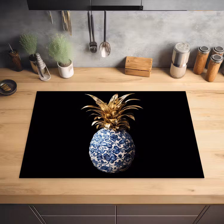 Ananas - Bloemen patroon - Goud - Delftsblauw Inductie beschermer vinyl 3mm klein -sfeer5